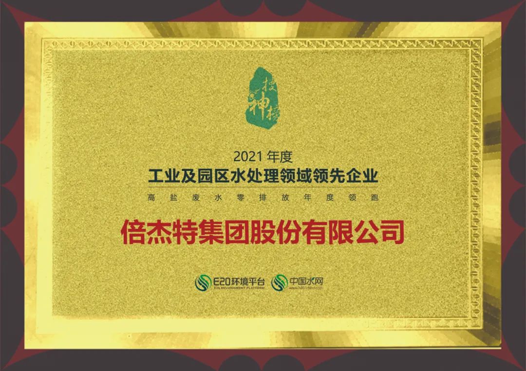 壹定发荣获2021年度“工业及园区水处置领域当先企业-高盐废水零排放年度领跑企业”